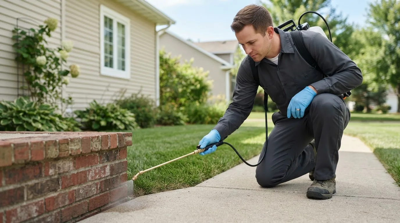 Pest control technician treating a home near Spanaway, WA