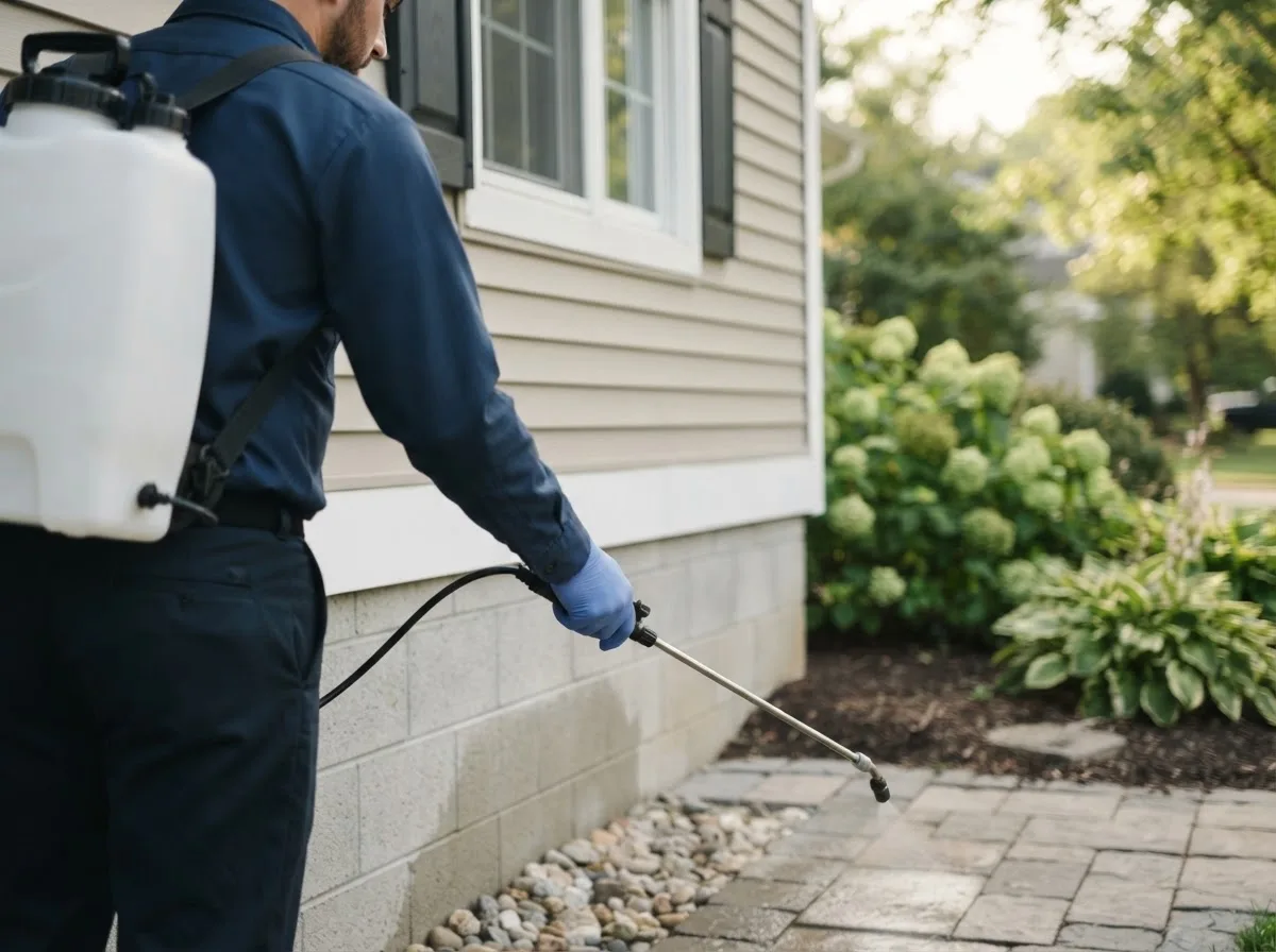 Pest control technician inspecting a home in Spanaway, WA